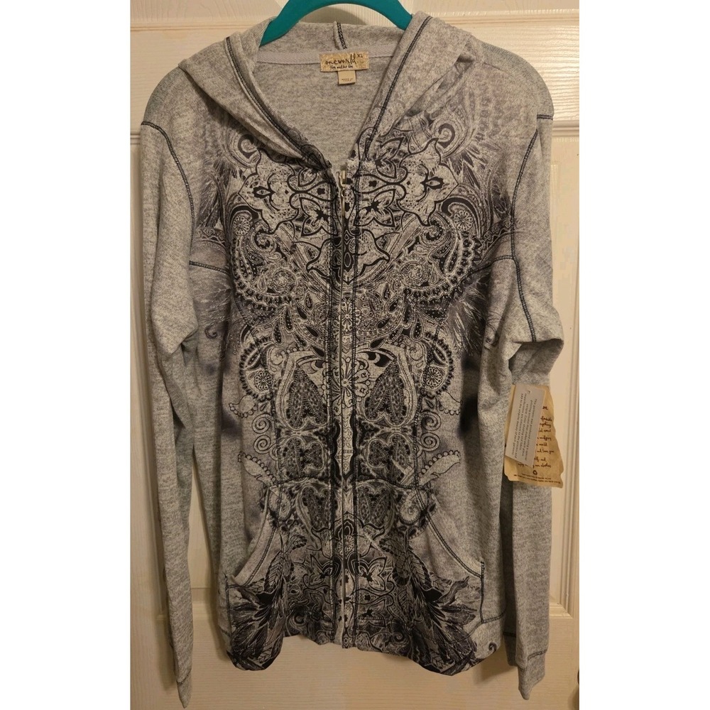 One World Womens Jacket Size XL Multicolor Print Embellished Hooded Pockets